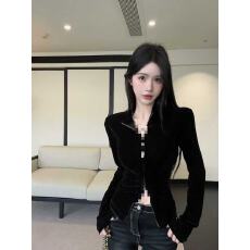 批发<b class='q'>不规则</b>双拉链丝绒长袖t恤女秋冬高级感立领上衣独特别致<b class='q'>开衫</b>外套