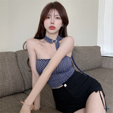 批发纯欲性感挂脖抹胸格子<b class='q'>吊带</b><b class='q'>背心</b>女夏季外穿高腰<b class='q'>露</b><b class='q'>脐</b>短款甜辣妹上衣