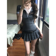 批发已出货 小个子辣妹风Polo领<b class='q'>T</b><b class='q'>恤</b>上衣女夏季百褶裙两件套
