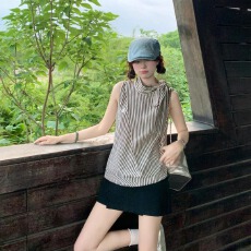 批发法式高级复古条纹系带<b class='q'>衬衫</b>女小众设计感别致蝴蝶结挂脖无袖上衣夏