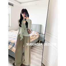 批发绿色镂空V领连身围巾领喇叭袖上衣女<b class='q'>秋</b>季小个子