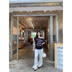 温柔风宽松斜领字母印花短袖女韩系夏季T恤显瘦露肩上衣