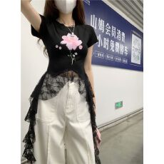 蕾丝下摆不规则飘带拼接印花短袖T恤女夏季甜辣妹风上衣