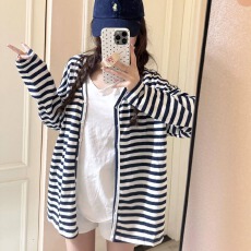 原版色织条面料 韩系复古条纹微透开衫长袖外套宽松防晒罩衫上衣