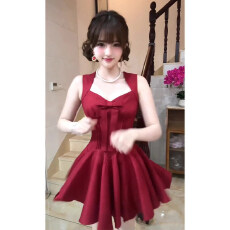 批发无袖背心连衣裙女夏季<b class='q'>红色</b>收腰名媛生日<b class='q'>小礼服</b>公主裙子