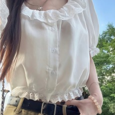 白色荷叶一字肩露肩设计感衬衫短袖T恤2026夏季独特上衣女