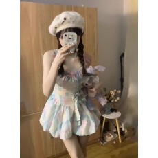 批发已出货 可爱少女甜美森女<b class='q'>彩</b>色格子吊带<b class='q'>连衣裙</b>