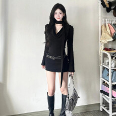批发已出货 约会钓系黑色长袖连衣<b class='q'>裙</b>女春设计感修身显瘦包臀短<b class='q'>裙</b>子