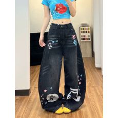 批发已出货 黑色牛仔<b class='q'>裤</b>女2026夏季新款动物音符水洗宽松个性时髦弯刀