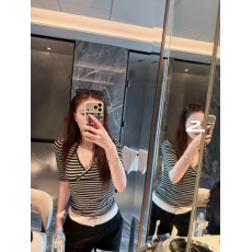 批发纯欲风条纹性感气质七分袖T恤女装夏季修身百搭收腰V领上衣