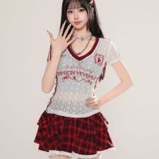 批发美式V领微透蕾丝刺绣T恤女夏季款纯欲打底短袖正肩收腰