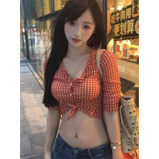 批发长袖格子衬衫女夏季纯欲风性感防晒打底t恤掐腰显瘦上衣