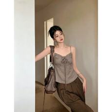 批发韩系木耳边V领系带吊带背心女夏季百搭显瘦小众外穿上衣