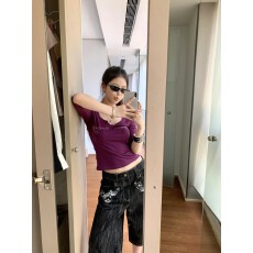 批发U领烫钻中袖上衣女夏季收腰修身显瘦休闲百搭短袖T恤