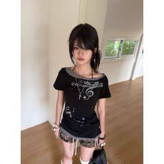 批发假两件撞色波点印花斜肩短袖T恤女修身显瘦上衣