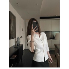 批发亚麻中袖衬衫女2025夏季新款天然褶皱感衬衣收腰上衣