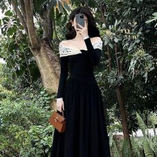 批发法式撞色一字肩黑色连衣裙女秋冬新款气质千金<b class='q'>风</b>露肩显瘦减龄长