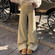 批发美式卡其色微喇牛仔裤女2025春<b class='q'>夏</b>新款高腰显瘦辣妹加绒不贴腿长裤