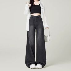 批发遮胯高腰直筒牛仔裤女2026新款秋<b class='q'>冬</b>加绒黑灰色垂感小个子窄7330