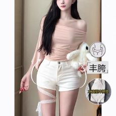 批发美式辣妹低腰<b class='q'>白色</b>牛仔<b class='q'>短裤</b>女夏季紧身显瘦直筒弹力提臀包臀热裤