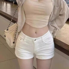 批发美式辣妹低腰<b class='q'>白色</b>牛仔<b class='q'>短裤</b>女夏季紧身显瘦直筒弹力提臀包臀热裤