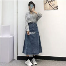 批发牛仔<b class='q'>裙</b>设计感小众女中长高腰遮胯大摆<b class='q'>伞</b><b class='q'>裙</b>春季新款显瘦A字半身<b class='q'>裙</b>