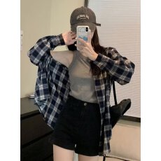 批发美式复古格子衬衫男女2026<b class='q'>冬</b>春新款慵懒风穿搭长袖外套中长款