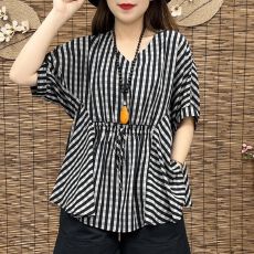 批发夏季<b class='q'>新款</b>格子显瘦V领上衣透气亲肤小衫遮肚大码女装洋气