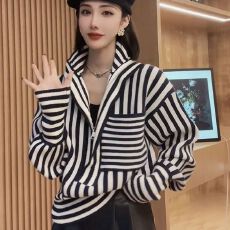 批发法式半开领复古条纹针织衫女秋冬打底宽松毛衣设计感气质显瘦上衣