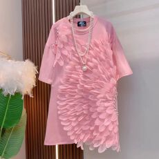批发中长款大码韩版宽松显瘦高级感小衫上衣立体花钉珠设计短袖t恤女