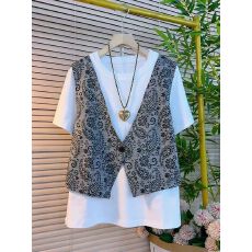 批发今年流行爆款撞色短袖假两件T恤<b class='q'>男</b>女2026新款印花马甲<b class='q'>开衫</b>上衣夏