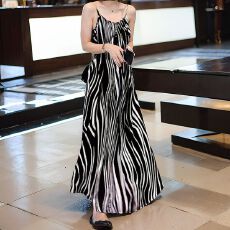 批发YUY新中式国风斑马吊带裙长120条纹吊带裙海边度假沙滩裙时尚气质