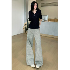 批发扎染牛仔长裤女春夏季美式高腰宽松设计感弯刀裤复古休闲阔腿裤子