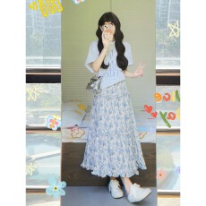 批发夏季新款女法式复古薄款蓝色短袖<b class='q'>T</b>恤衫高腰碎花半身长裙两件套装