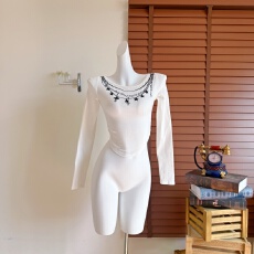 批发黑有染 miekevv 颈间印记 白色项链印花T恤纯棉收腰长袖短款上衣