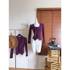 批发纯欲风紫色针织<b class='q'>衬衫</b>女早秋蕾丝花边v领长袖<b class='q'>衬衣</b>收腰显瘦辣妹上衣