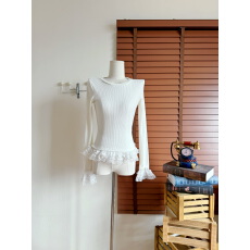 批发地球店白色精致蕾丝边打底针织衫女秋冬内搭显瘦修身长袖T恤上衣