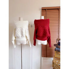 批发Xxiiuu 绯绒潮露 秋冬新款慵懒一字肩双色麻花<b class='q'>针织</b>毛衣打底衫上衣