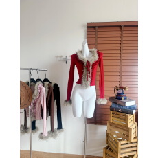 批发V领拼接毛毛门襟撞色<b class='q'>针织</b>开衫女修身<b class='q'>打底衫</b>上衣