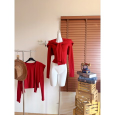 批发label方 红色磨毛长袖t裇女冬修身显瘦圣诞气质外搭披肩短款<b class='q'>上衣</b>
