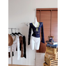 批发扭结设计蕾丝拼接V领打底衫性感纯欲内搭修身<b class='q'>长袖</b>T恤女秋冬