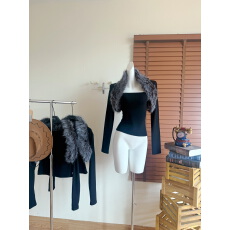 批发0122stepll 黑色短款针织衫女辣妹修身显瘦毛毛长袖坎肩开衫上衣