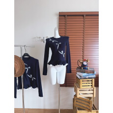 批发曾小咸 韩系宝蓝色芭蕾风长袖t恤女秋冬加绒打底内搭短款修身上衣