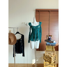 批发OKMASHOP 蕾丝衫女2025秋季高级感气质方领修身纯欲性感蕾丝上衣