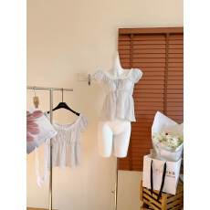 批发夏日印记花边系带设计感条纹上衣女夏韩系<b class='q'>短袖</b>小衫