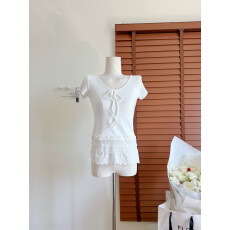 批发宋正恩白色V领蕾丝花边绑带正肩短袖<b class='q'>t</b><b class='q'>恤</b>女夏季修身独特超好看上衣