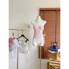 板栗可可Bankelil波尔卡千金亚麻波点带胸垫绑带收腰抹胸上衣女夏