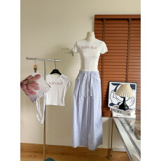 批发Fbblimit海岛日记韩系蓝白条纹直筒休闲裤抽绳松紧腰阔腿裤