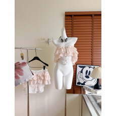 批发Jqwention 2026SS 春夏水粉色荷叶边一字肩修身显瘦长裙<b class='q'>两件套</b>女