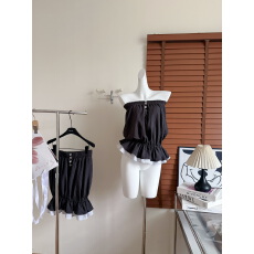 批发HYTEMOLY经典细条纹多层蓬蓬花苞裙撞色拼接下摆牛筋抹胸<b class='q'>上衣</b>女